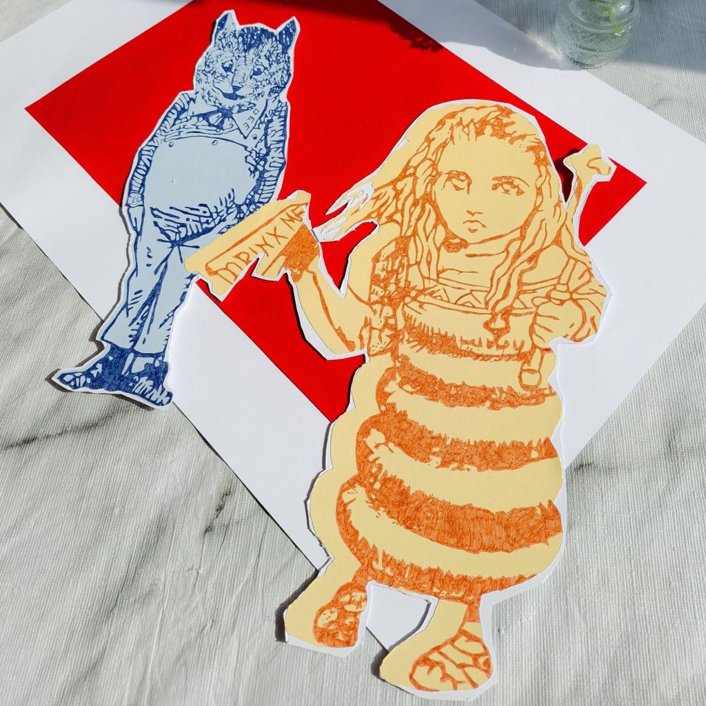 Alice as a pawn and Tweedledee as a Cat are arranged as a collage