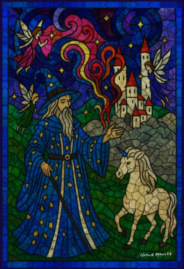 Merlin and a Unicorn with three colourful fairies and a fairytale castle