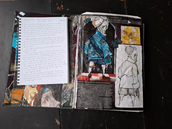 Open sketchbooks and notes